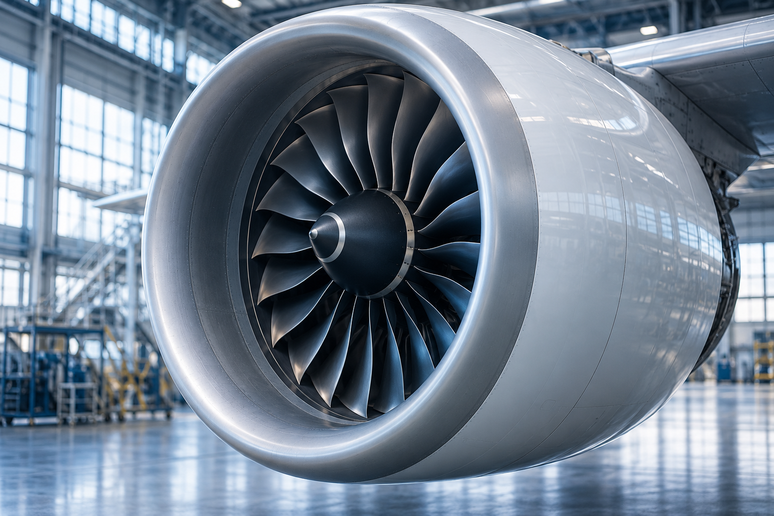 Illustration of an unbranded aircraft engine in a hangar